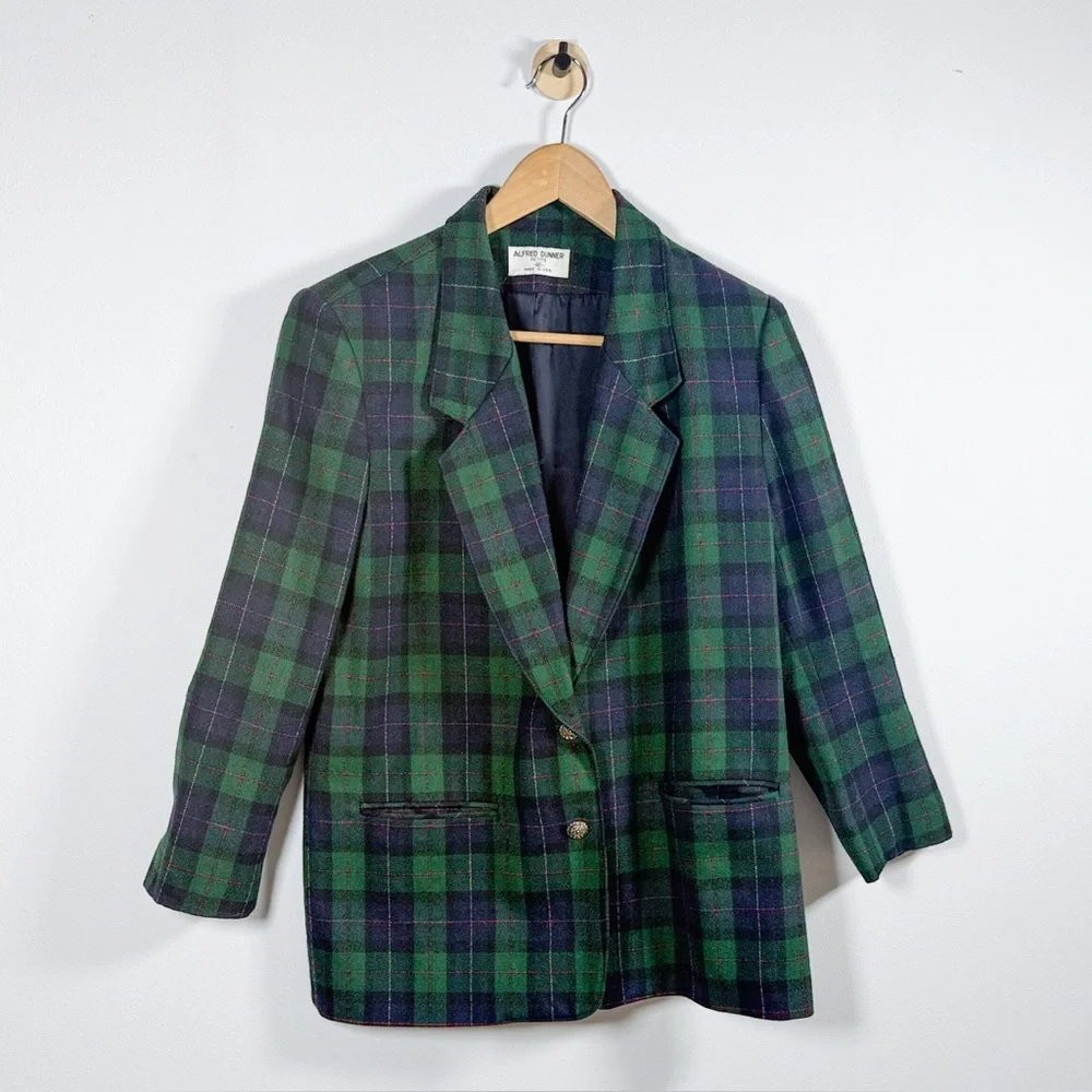 Vintage Alfred Dunner Wool Black Watch Tartan Plaid Blazer Preppy 12P